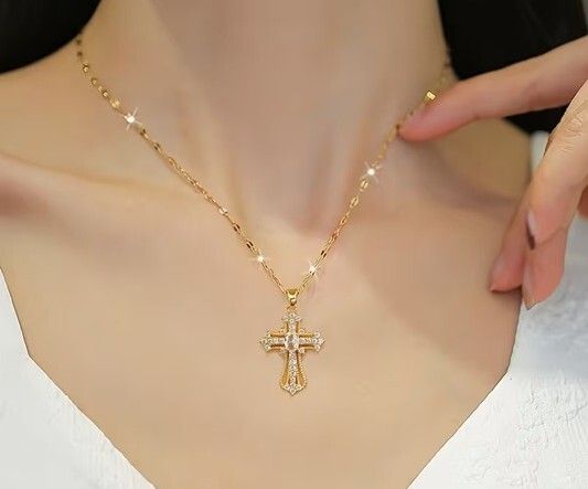 Cross Crucifix Crystal Gold Tone Pendant Necklace