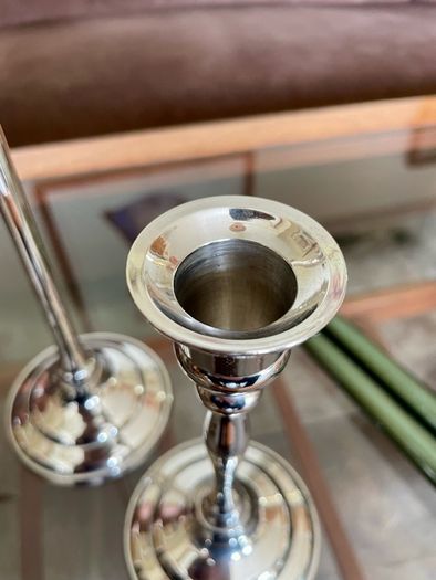 Pair of Slender 19th Century Style Silver Chrome Metal Candlesticks