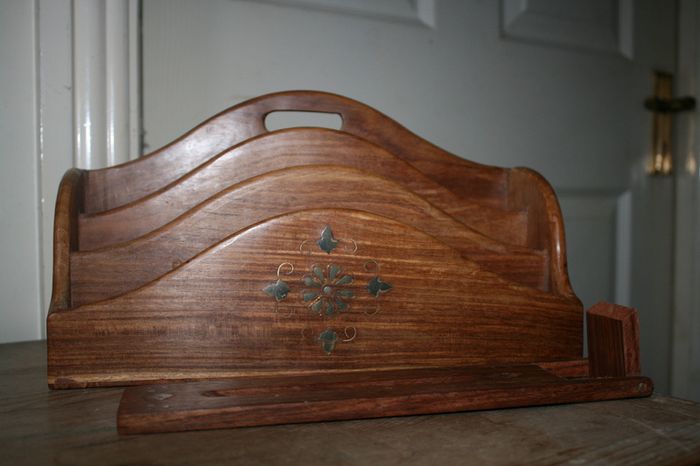 Vintage Letter Holder Handmade Wooden Paper Rack with Moorish Brass Inlays Office Desk Organiser 12" x 4" H-7"