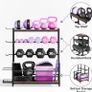 Home Gym Equipment Weight Rack, 3-Tier Storage Stand for Dumbbells & Kettlebells, Medicine Ball Holder, 272 kg Steel Organizer with Yoga Mat Basket, Hooks & Adjustable Feet, 60 by 40 cm Image 7