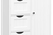 Bathroom Floor Storage Cabinet, Wooden Storage Unit with 4 Drawers, Single Door, Adjustable Shelf, for Living Room, Kitchen, Entryway, White (FREE POSTAGE)