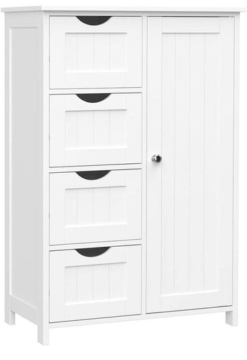 Bathroom Floor Storage Cabinet, Wooden Storage Unit with 4 Drawers, Single Door, Adjustable Shelf, for Living Room, Kitchen, Entryway, White (FREE POSTAGE)