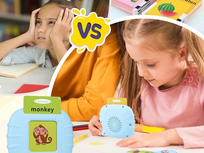 Talking Flash Cards Educational Toys for Toddlers 1-6 Years Old Preschool Learning Toys for Boys Girls 112 Pcs Double-Side Cards 224 Words Reading Toy for Kids Christmas Birthday (Blue/Pink)
