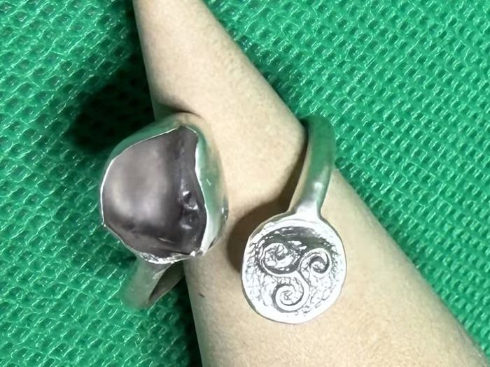 Handmade Celtic sterling silver ring with sea glass and Triskele. Size N and adjustable