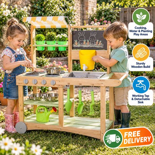 Wooden Kids Outdoor Mud Kitchen with Water Tap, Sink, Canopy and Accessories