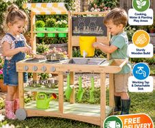 Wooden Kids Outdoor Mud Kitchen with Water Tap, Sink, Canopy and Accessories