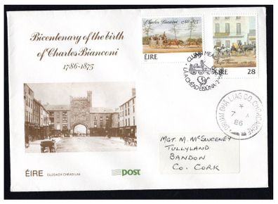 1986 Ireland Bicentenary of the Birth of Charles Mulready Stamps An Post First Day Cover (FDC)with Clonmel (Cluain Meala) first day cancel and Drimoleague Steel Cancel