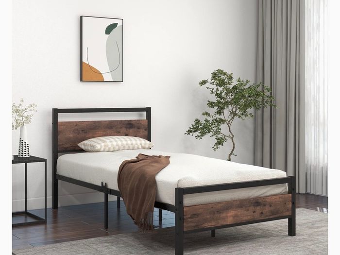 3ft Single Bed Frame with Wooden Headboard, Brown Heavy Duty Steel Support, No Box Spring Needed, Noise Free,Easy Assembly