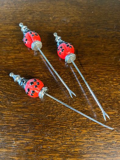 Vintage Ladybird Cocktail Picks in Glass Holder