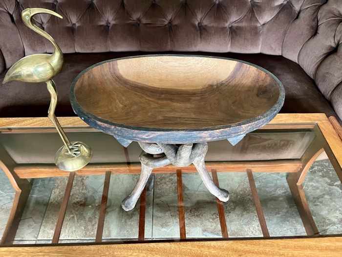 Unique Vintage Wooden African Tribal Art Decor Hand made bowl on Tripod folding Stand