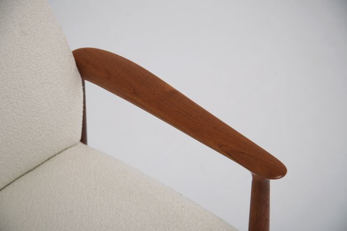 Vintage Danish Teak and White Boucle Armchair by Grete Jalk, 1960s.