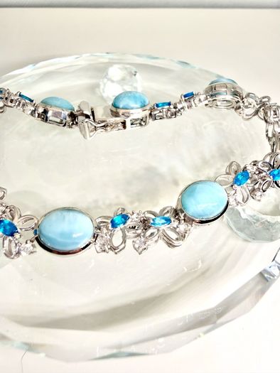 Silver bracelet Larimar & Neon Apatite Cluster Bracelet