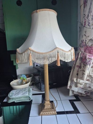 Tall lamp Vintage Gold metal Neoclassical  column lamp with silk called fringed tassled shade