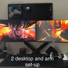 Complete desktop setup- 2 desktops, arm that holds 2 desktops and accessories.