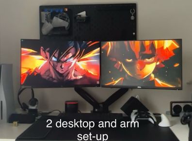 Complete desktop setup- 2 desktops, arm that holds 2 desktops and accessories.