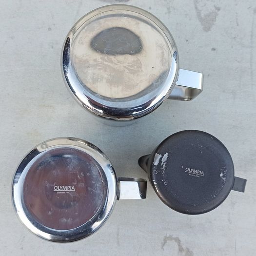3 stainless steel milk frothing pitchers  used