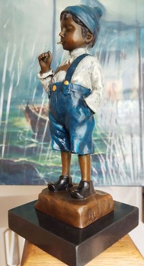 Smoking Boy - Cold Painted Bronze, Marble, Signed