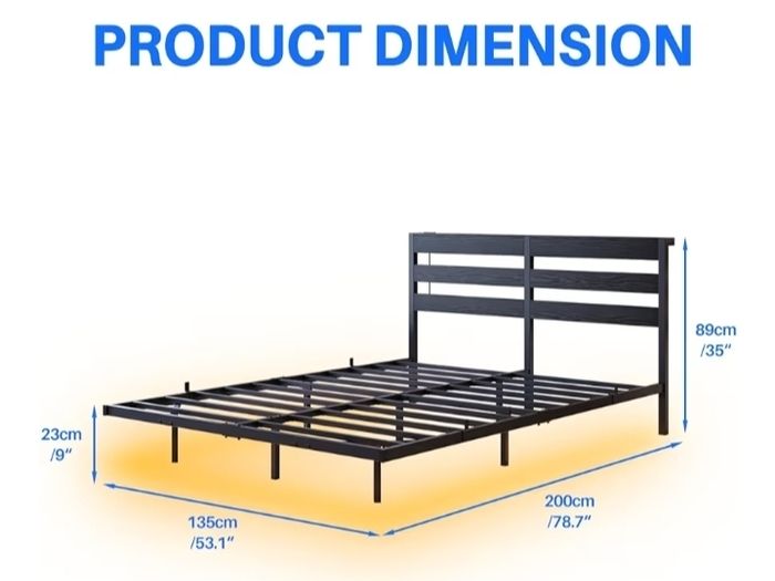 Double 4ft6 Floating Bed Frame with LED Lights, Metal Platform Bed Frame with USB Charging Station Double Size, No Box Spring Needed, Metal Slat Support, Noise Free, Black