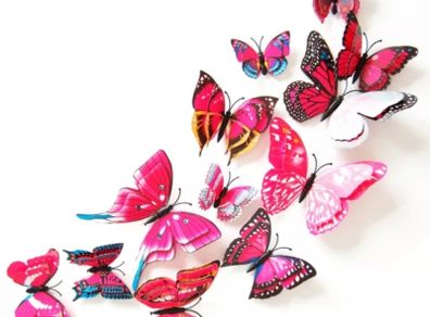 12pcs Wall Stickers Set 3D Pink Butterfly Colorful Double Layers Wall Stickers on the Wall for Party Decoration Waterproof Material