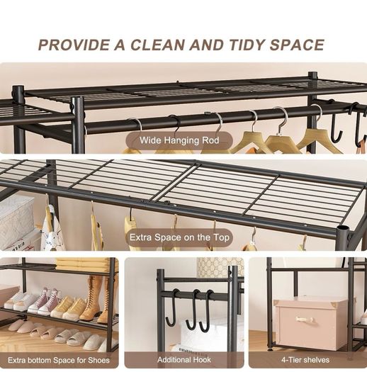 Clothes Rail with Shelves Metal Wardrobes for Bedroom Clothing Rack Open Wardrobe, With 4 Tiers Shelves, Portable & Free Standing, Clothes Rails for Bedroom