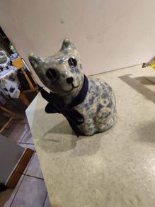 Vintage Cat Figure blue With Clear Coating Decoupage 5.5" Tall Statue