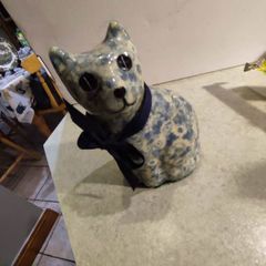 Vintage Cat Figure blue With Clear Coating Decoupage 5.5" Tall Statue