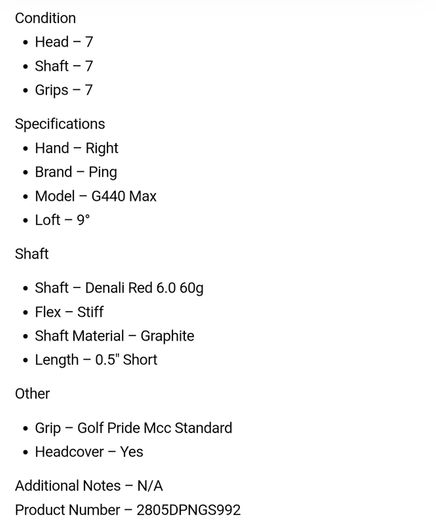 Ping G440 Max Driver / 9 Degree / Denali Red 6.0 60g Stiff