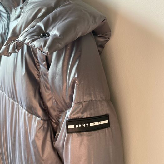 DKNY Sport Metallic Silver Longline Down Puffer Jacket Coat