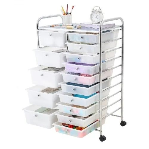 Rolling Cart with Drawers, Double Row 15 Drawer Storage Organizer, Mobile Utility Cart with Chrome Steel Frame, Universal Casters & 2 Brakes, for Office, Classroom, Craft Room, Studio, Garage