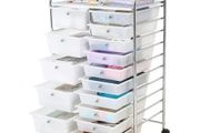 Rolling Cart with Drawers, Double Row 15 Drawer Storage Organizer, Mobile Utility Cart with Chrome Steel Frame, Universal Casters &amp; 2 Brakes, for Office, Classroom, Craft Room, Studio, Garage
