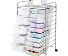 Rolling Cart with Drawers, Double Row 15 Drawer Storage Organizer, Mobile Utility Cart with Chrome Steel Frame, Universal Casters & 2 Brakes, for Office, Classroom, Craft Room, Studio, Garage