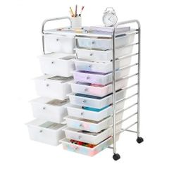 Rolling Cart with Drawers, Double Row 15 Drawer Storage Organizer, Mobile Utility Cart with Chrome Steel Frame, Universal Casters & 2 Brakes, for Office, Classroom, Craft Room, Studio, Garage