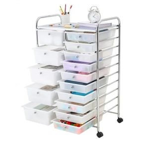 Rolling Cart with Drawers, Double Row 15 Drawer Storage Organizer, Mobile Utility Cart with Chrome Steel Frame, Universal Casters & 2 Brakes, for Office, Classroom, Craft Room, Studio, Garage
