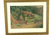 Vintage watercolour of thatched cottage