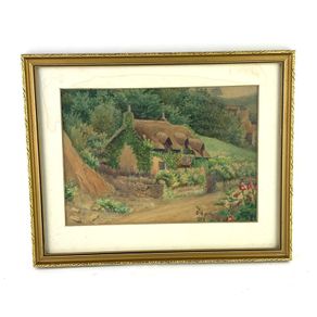 Vintage watercolour of thatched cottage