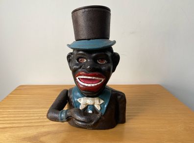 Piggy Bank Cast Iron Jolly Man Money Box J.E. Stevens 1920's