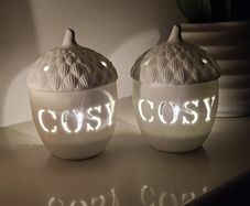 Pair of White Ceramic "Cosy" Acorn Tealight Holders (Perfect Condition)