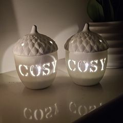 Pair of White Ceramic "Cosy" Acorn Tealight Holders (Perfect Condition)