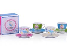 Porcelain Tea Cup Set Floral Birds With Saucers