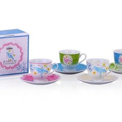 Porcelain Tea Cup Set Floral Birds With Saucers