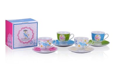 Porcelain Tea Cup Set Floral Birds With Saucers