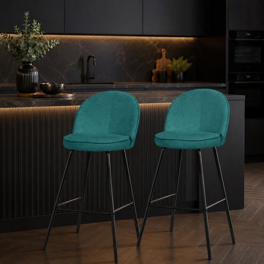 Set of 2 Petrol Upholstered Bar Stools with Backrests and Black Steel Legs
