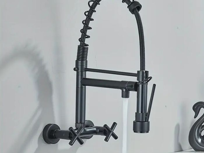 Wall-Mounted Kitchen Tap with Pull-Out Spray  360 deg Rotating Dual-Function Mixer Tap (Matte Black / Chrome Finish)