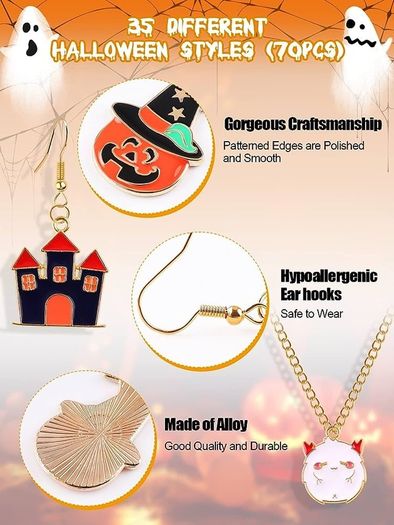 70PCS Halloween Charms for Jewellery Making, Alloy Charms Pendant with 100PCS Ear Hook and 5PCS Necklace Pumpkin Ghost Ornament for Jewelry Bracelet Necklace Crafts Making