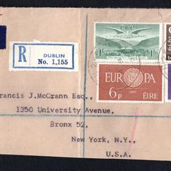 1960 Ireland Registered letter cover front with 1960 Europa, 1/3d World Refugee Year & 1s Airmail stamp with fine cancel