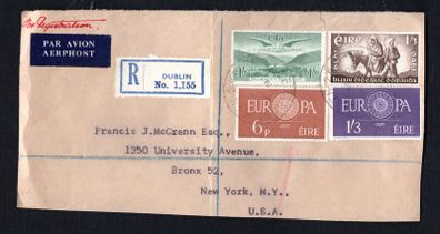 1960 Ireland Registered letter cover front with 1960 Europa, 1/3d World Refugee Year & 1s Airmail stamp with fine cancel