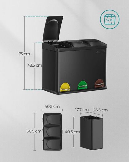 Trash can 3 x 15 liters with lid and inner bucket