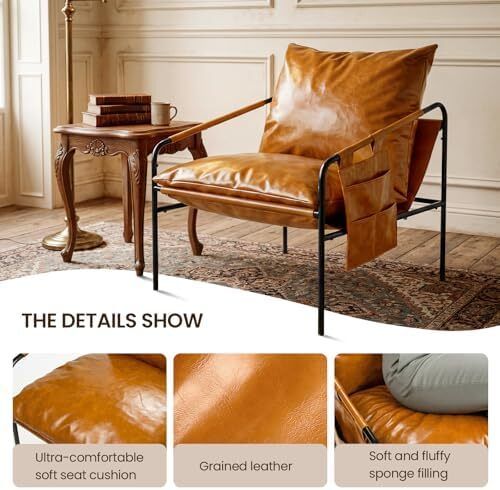 Faux leather Armchair Comfy Accent Chair with Sturdy Metal Frame Wood Armrest And bag Living Room chairs Soft Cushion Lounge couch sofa Chair Oversized Reading chair for Bedroom Patio Porch