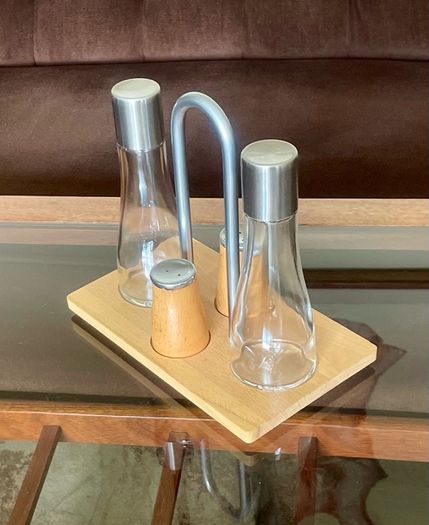 Vintage Bodum Oil Vinegar Salt Pepper Cruet Set by Georg Fontana Danish Beechwood with Aluminum 1990s