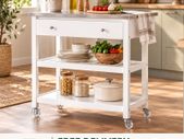 White Kitchen Trolley on Wheels with Stainless Steel Worktop Drawer and Shelves 81cm